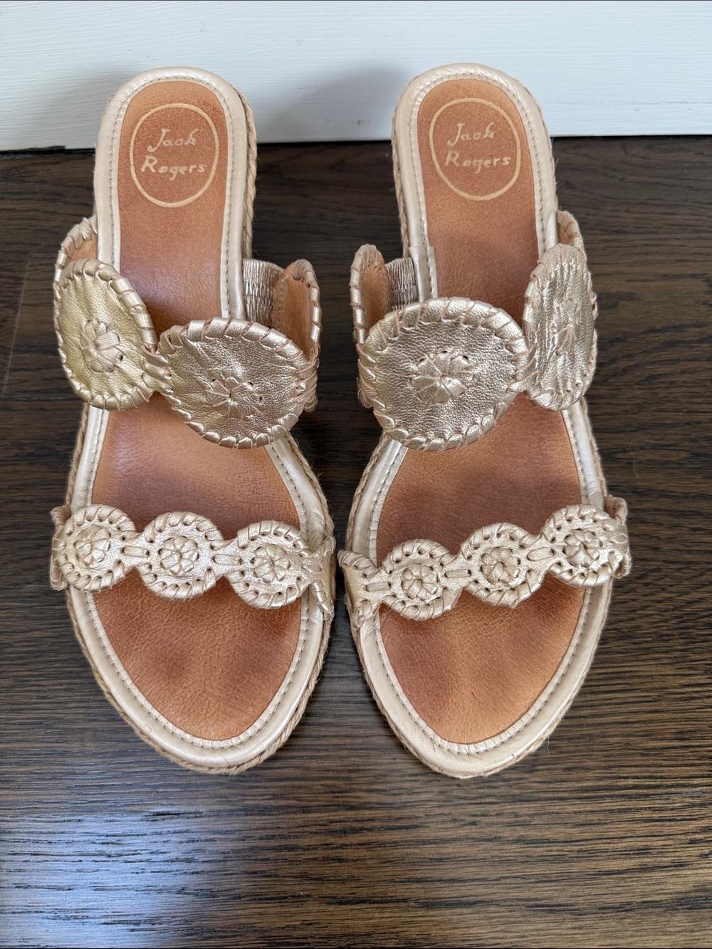 Jack Rogers Gold Leather Whipstitch Slide Sandals